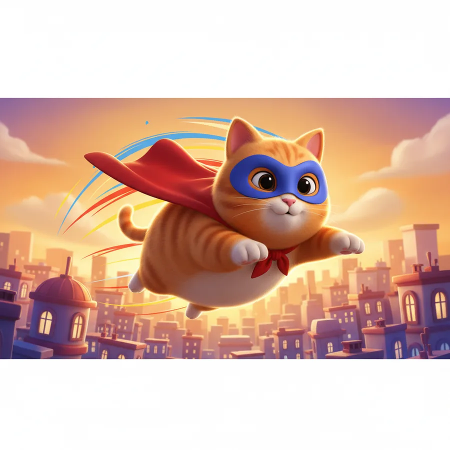 Superhero Cat Soars Over City — Free Coloring Page for Kids