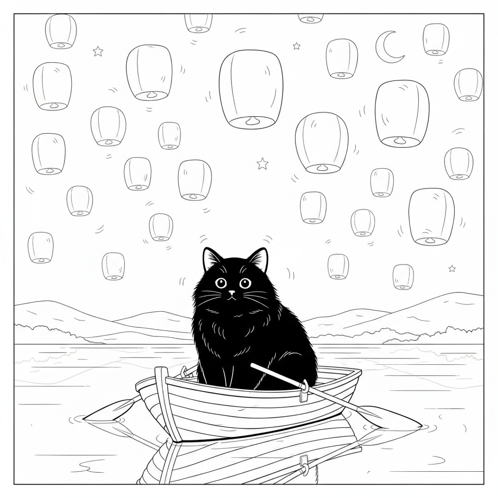 Fluffy Black Cat in a Boat on a Serene Lake — Free Coloring Page for Kids
