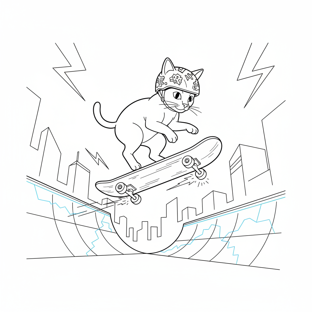 Manx Skateboarder in Neon Tunnel — Free Printable Coloring Page for Kids coloring page