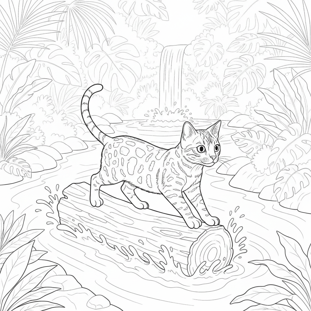 Gato Tigrado Brincando em um Tronco — Desenho de Gatos para Colorir — Grátis