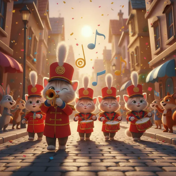 Cheerful cats in a festive parade — Free Coloring Page for Kids