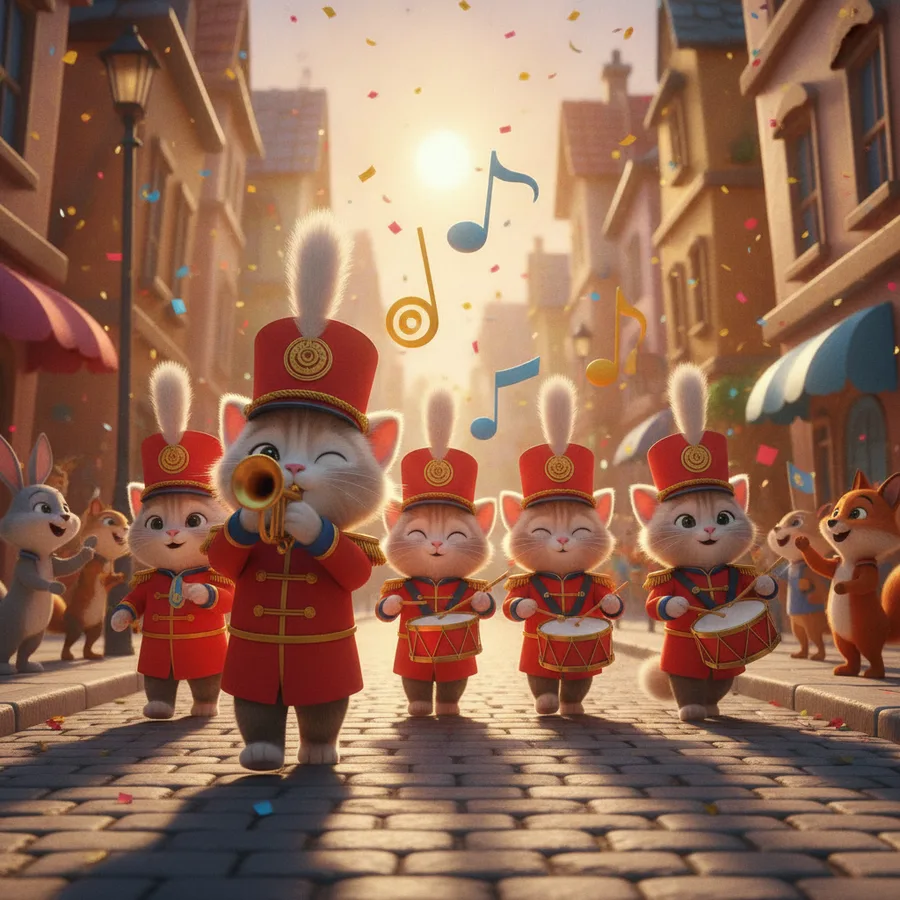 Cheerful cats in a festive parade — Free Coloring Page for Kids