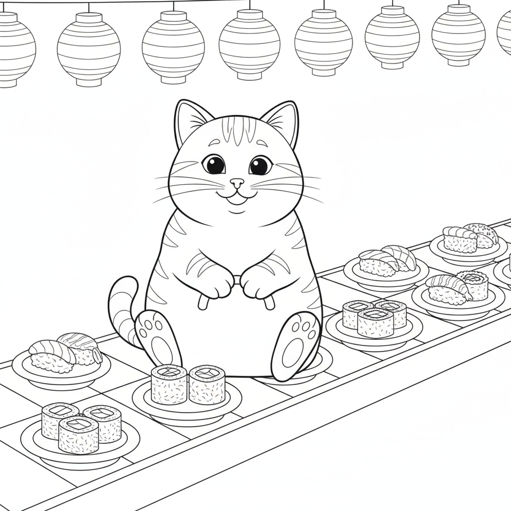 Gato Laranja Gordinho em Restaurante Sushi — Desenho de Gato para Colorir — Grátis