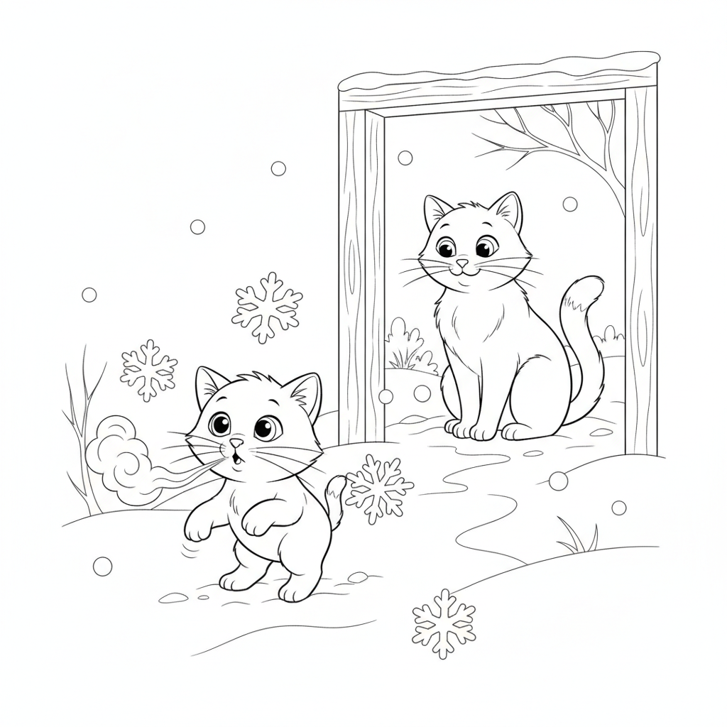 Gatito Sorprendido con Bola de Nieve — Dibujos de Gatos para Colorear — Gratis para Imprimir