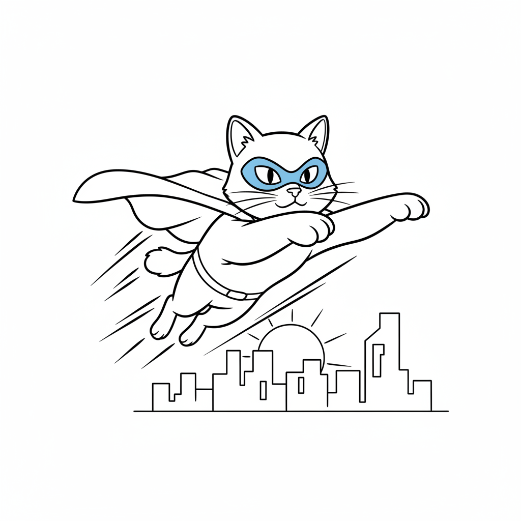 Superhero Cat Soars Over City — Free Coloring Page for Kids coloring page