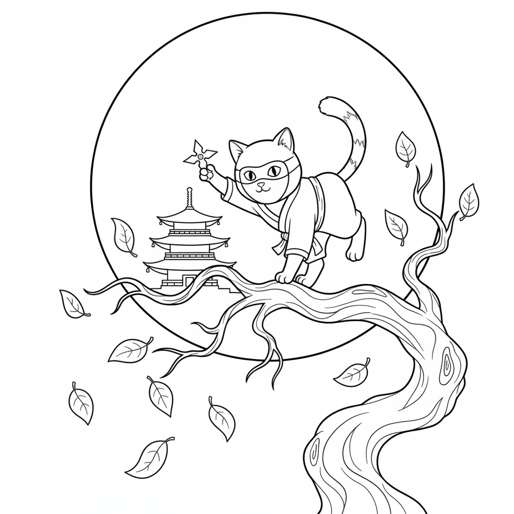 Ninja Cat on a Branch — Free Printable Coloring Page for Kids coloring page