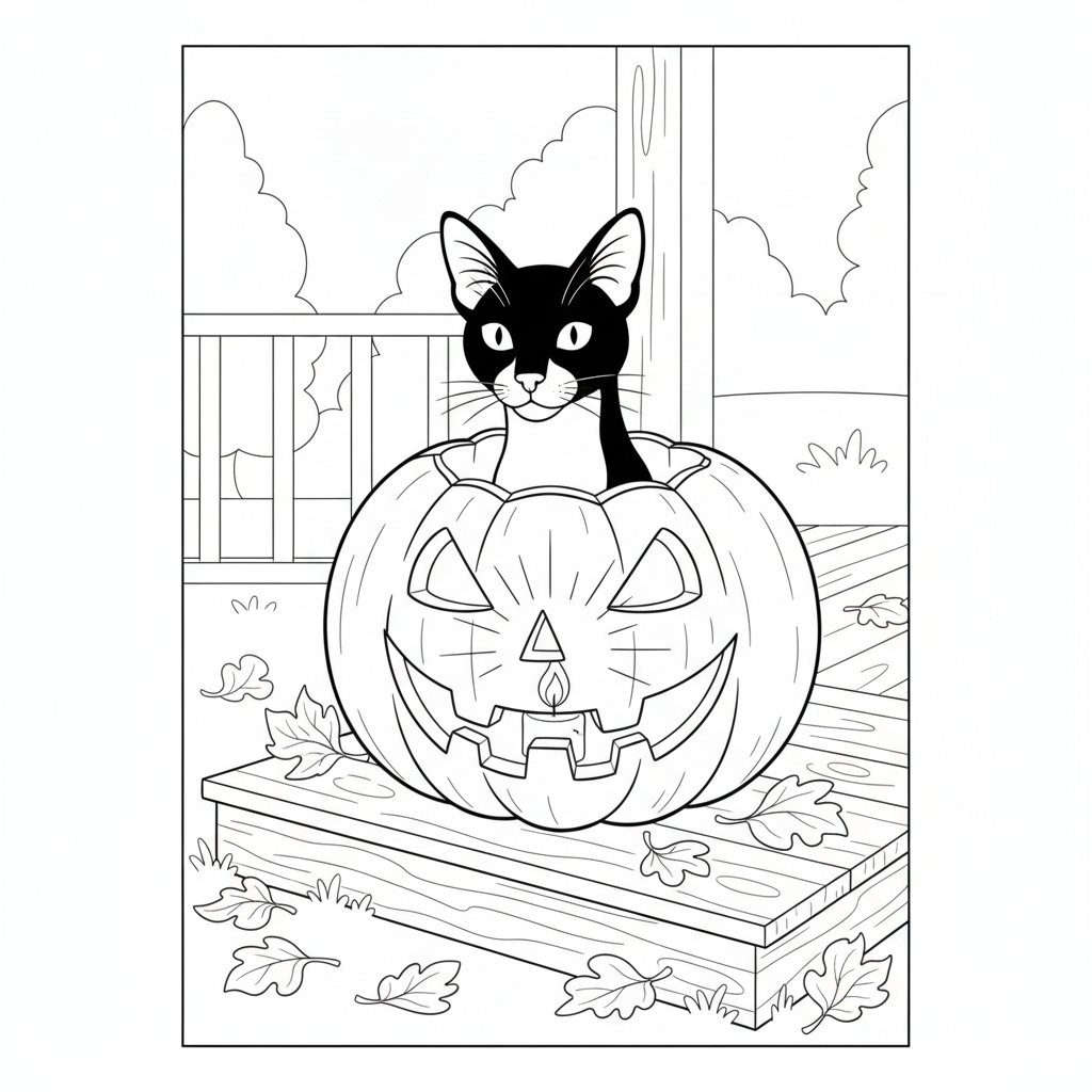 Cute Black Cat in a Pumpkin Patch — Free Coloring Page for Kids