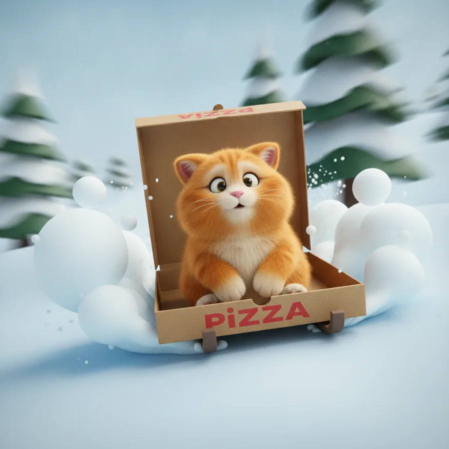 This whimsical scene features a fluffy orange cat in a pizza box, surrounded by soft snowballs. The cat's face provides easy areas to color, while the snowy background offers a fun challenge.