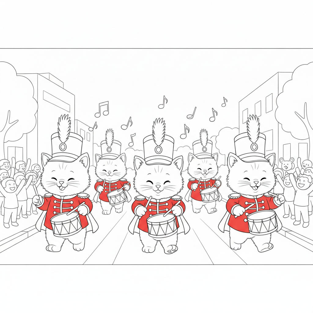 Cheerful cats in a festive parade — Free Coloring Page for Kids coloring page