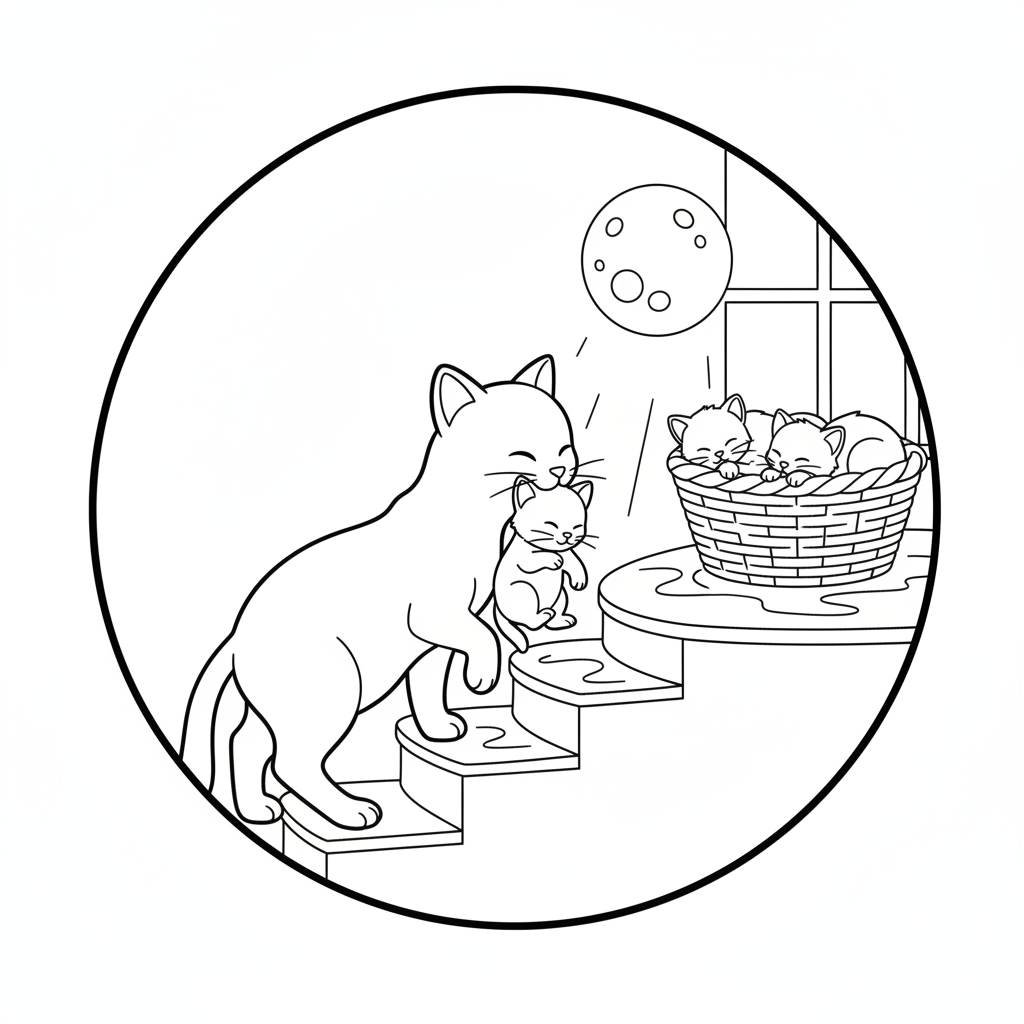 Eine Mutterkatze Trag Ihr Kätzchen auf der Treppe — Katzen Ausmalbild — Kostenlos Ausdrucken