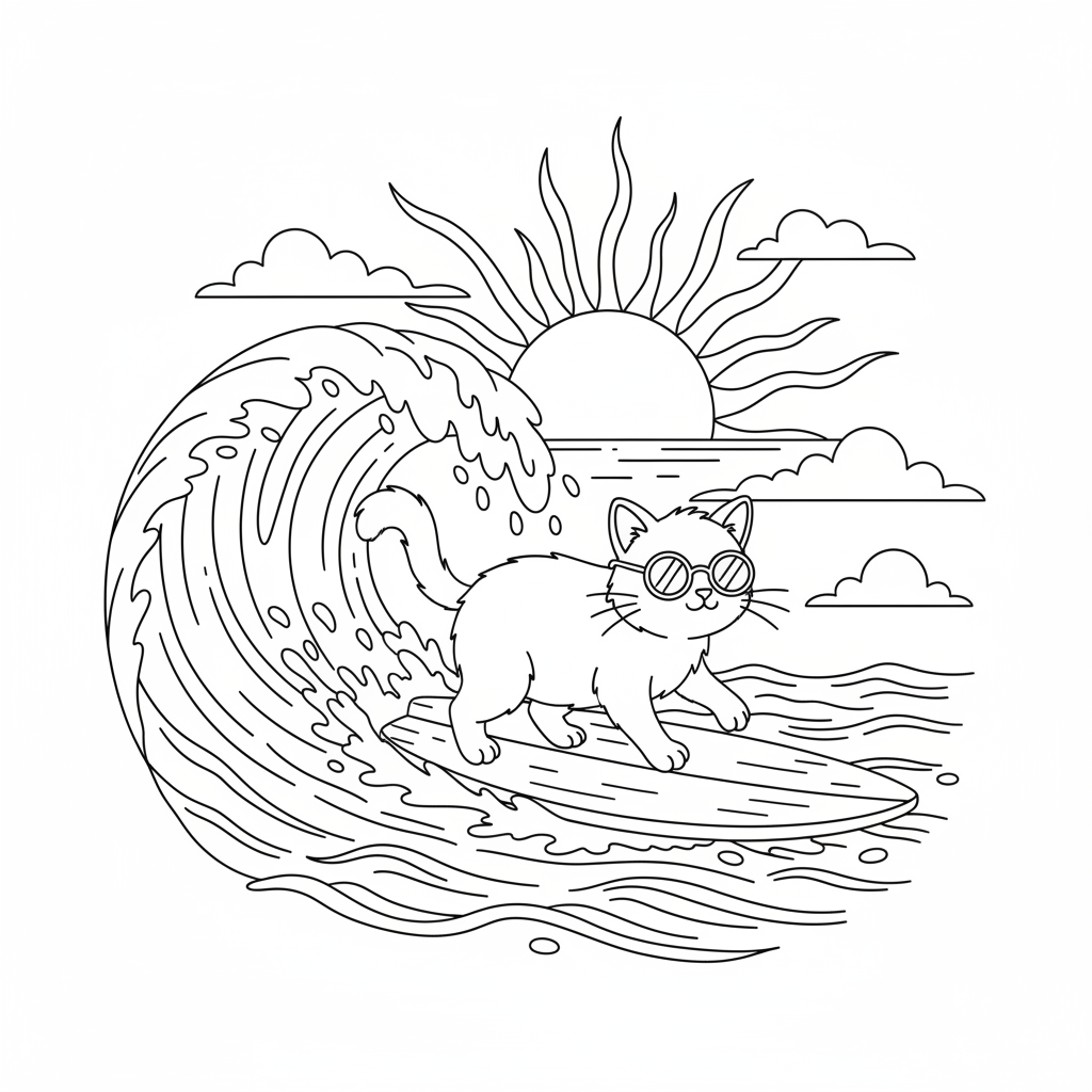 Cool Cat Surfing a Giant Wave — Free Coloring Page for Kids coloring page