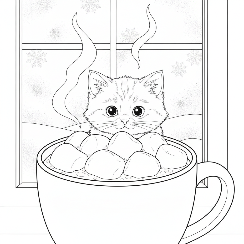 Adorable Kitten with Hot Cocoa Mug — Free Coloring Page for Kids