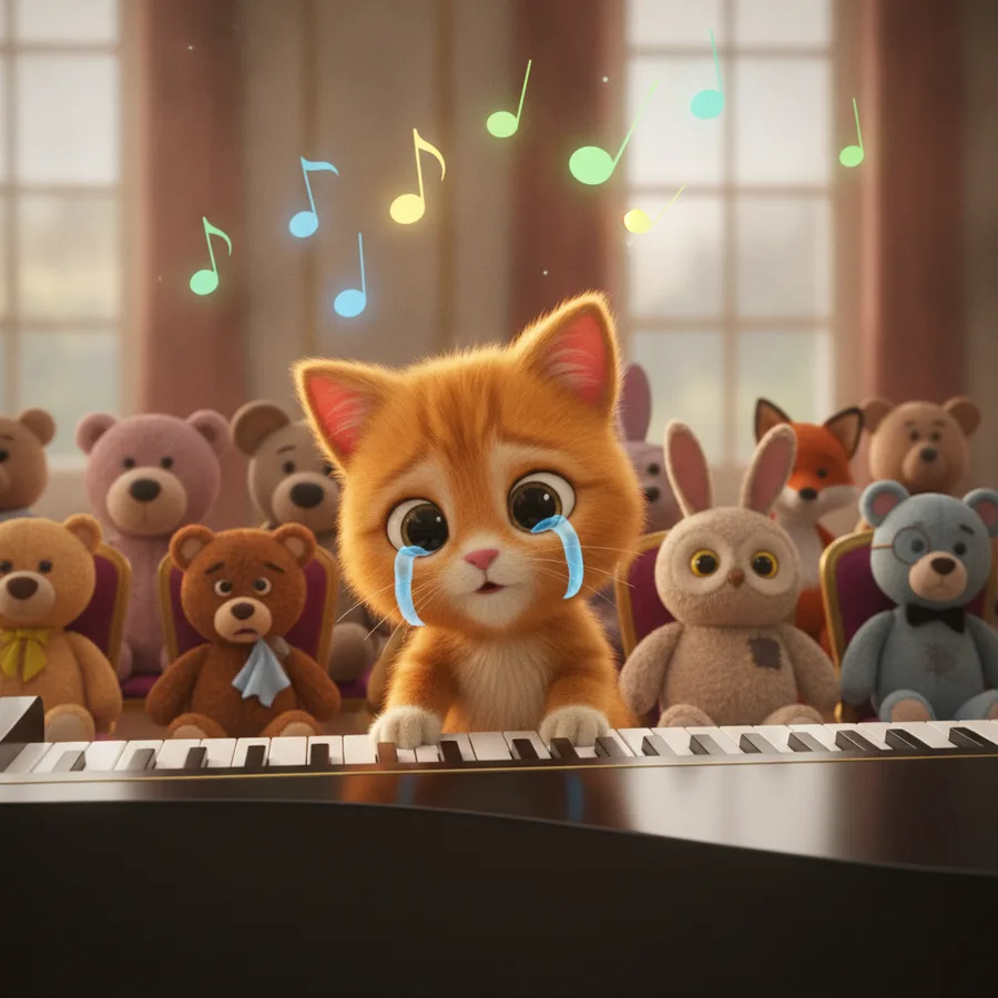 Esta página para colorear presenta un adorable gatito naranja en un piano, expresando emociones. El pelaje del gatito y las teclas son fáciles de colorear, mientras que los detalles de los animales de peluche ofrecen un lindo desafío.