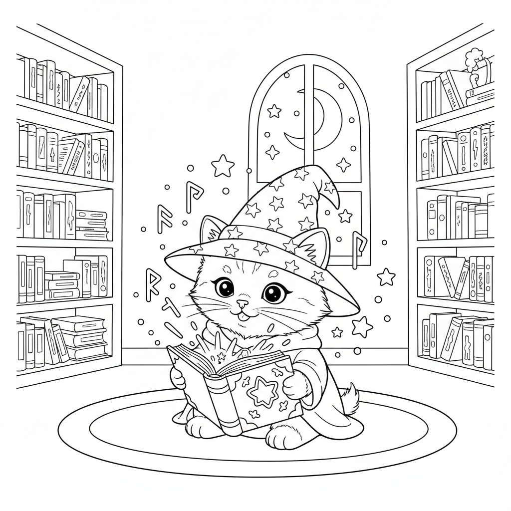 Whiskers the Wizard Kitten — Free Coloring Page for Kids coloring page