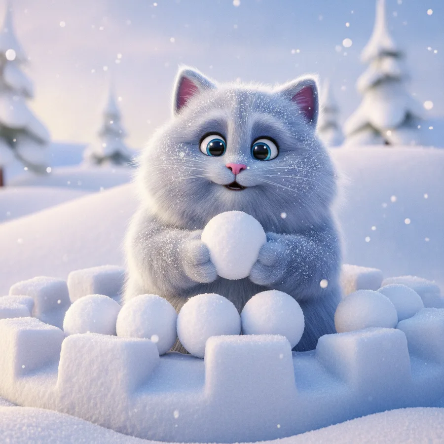 This coloring page features an adorable gray cat with a snowball in its paws and a snow fort around it. The large areas of snow are easy to color, while the cat's fluffy fur adds a fun challenge.