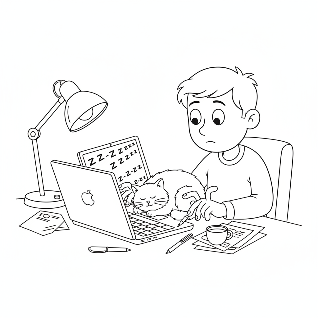 Bureau Confortable avec Chat Endormi — Coloriage Chats — Gratuit à Imprimer