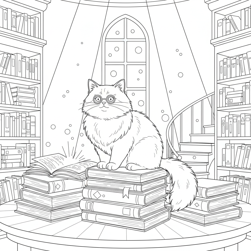 Fluffy Cat in Glasses — Free Coloring Page for Kids coloring page