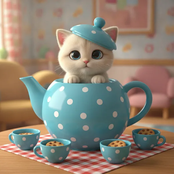 Fluffy Kitten in a Polka Dot Teapot — Free Coloring Page for Kids