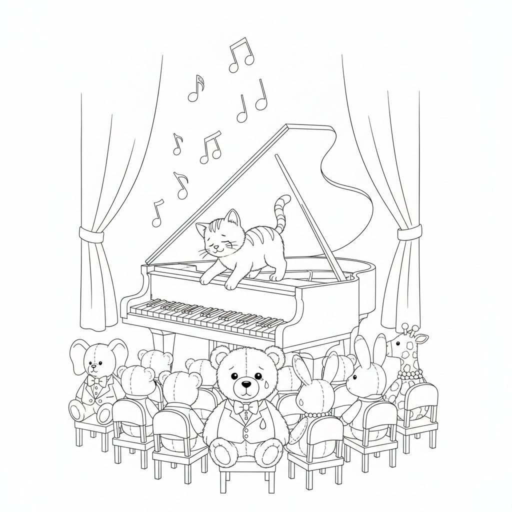 Adorable kitten en piano con animales de peluche — Dibujos de gatos para Colorear — Gratis para Imprimir