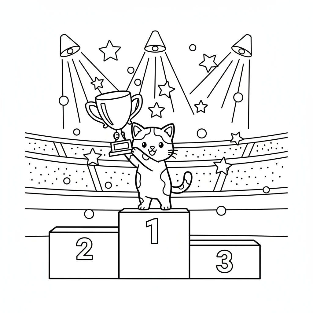Kitten Trophy Celebration — Free Coloring Page for Kids coloring page