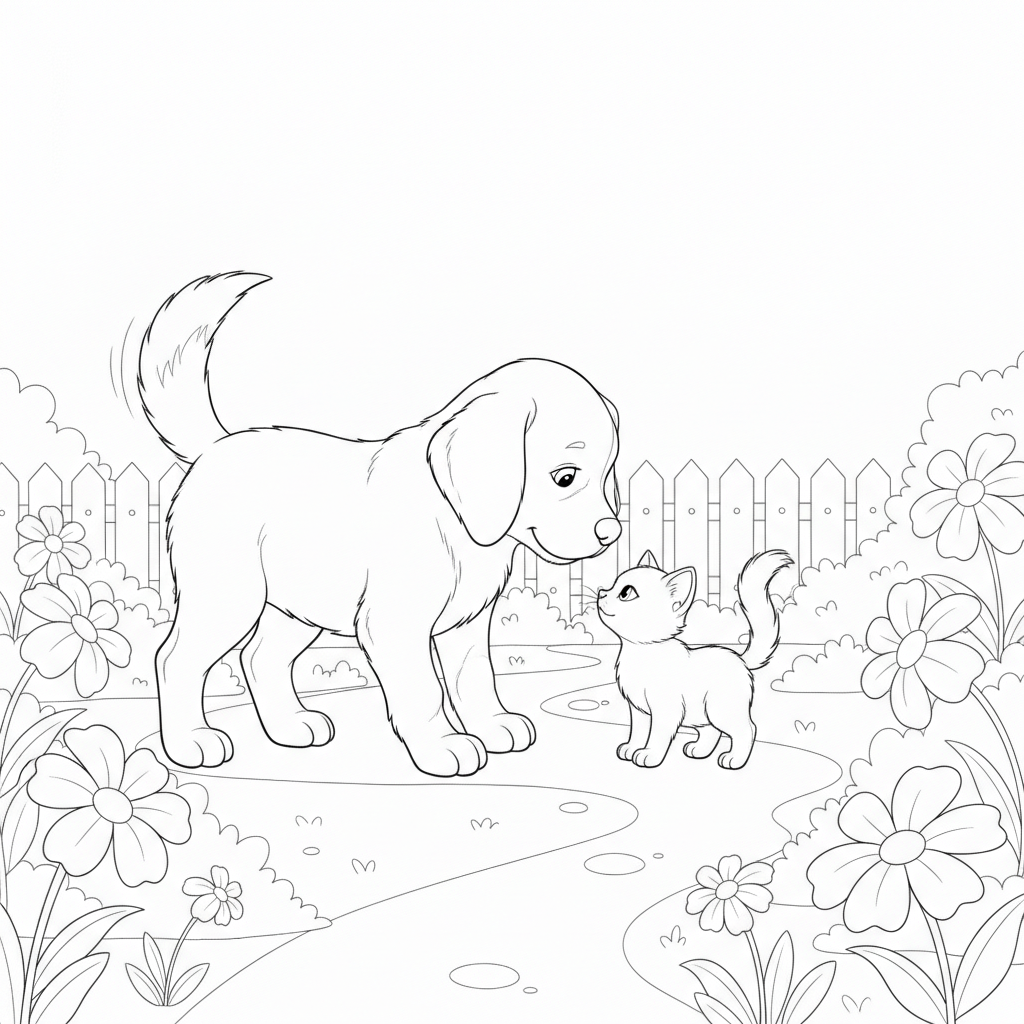 Cute Puppy and Playful Kitten in a Vibrant Garden — Free Coloring Page for Kids
