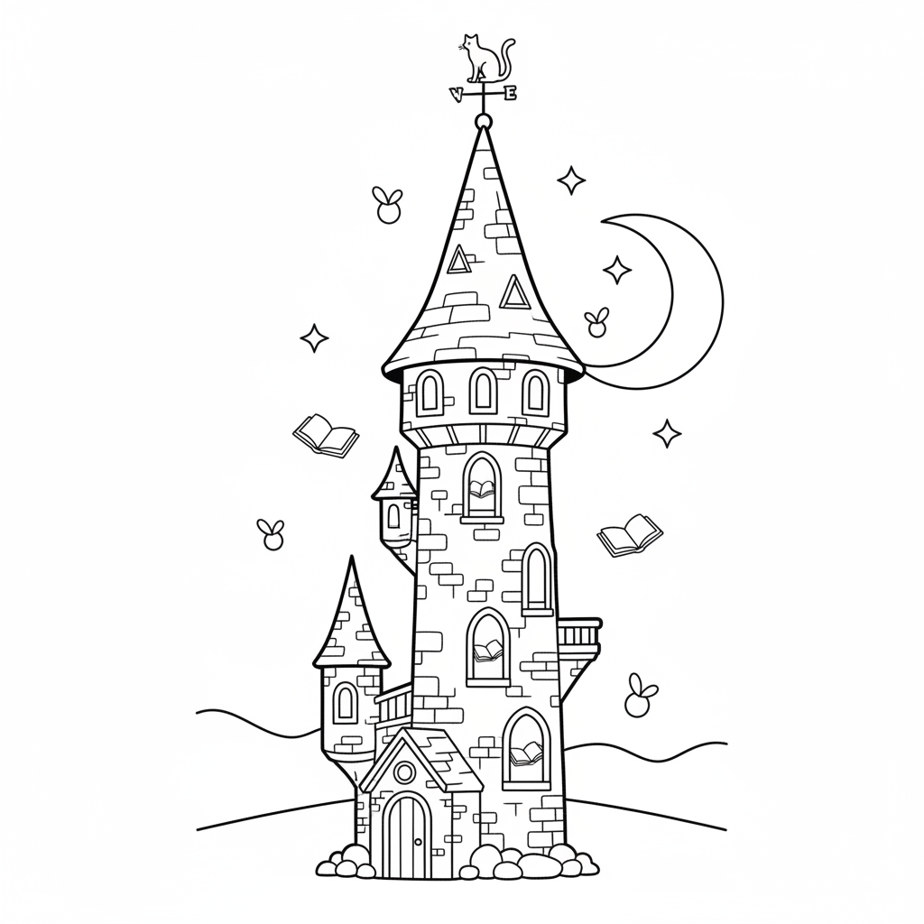 Magical Cat Tower — Free Printable Coloring Page for Kids coloring page