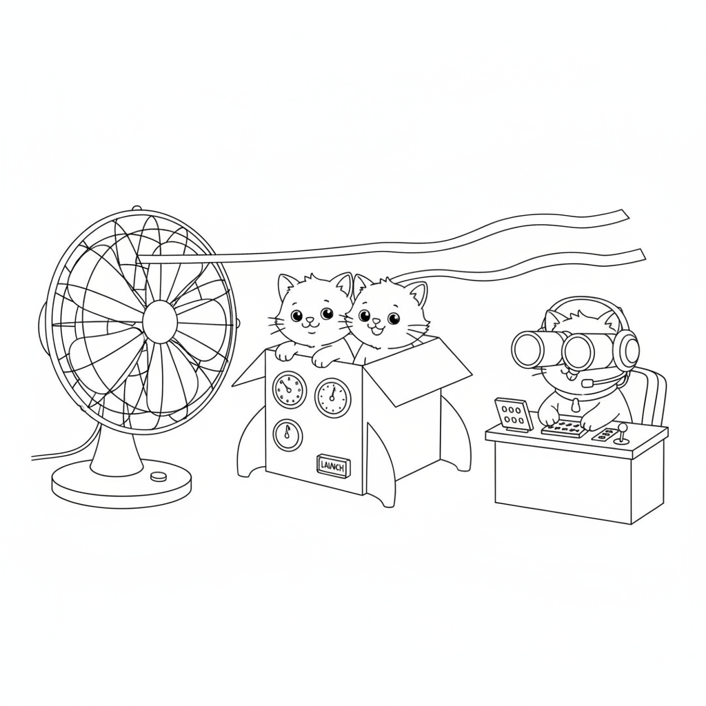 Kittens Joueurs Autour d'une Fusée en Carton — Coloriage Chats — Gratuit à Imprimer