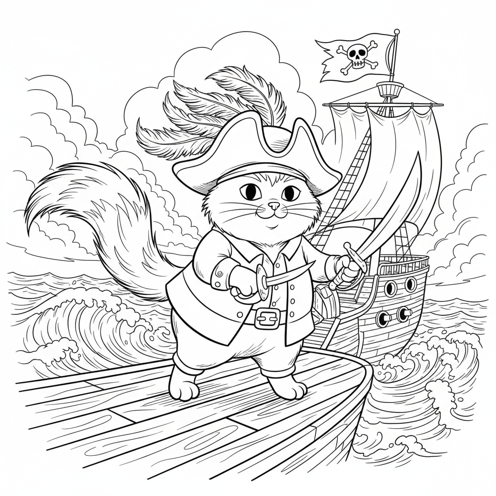 Pirate Cat on a Barrel — Free Coloring Page for Kids coloring page
