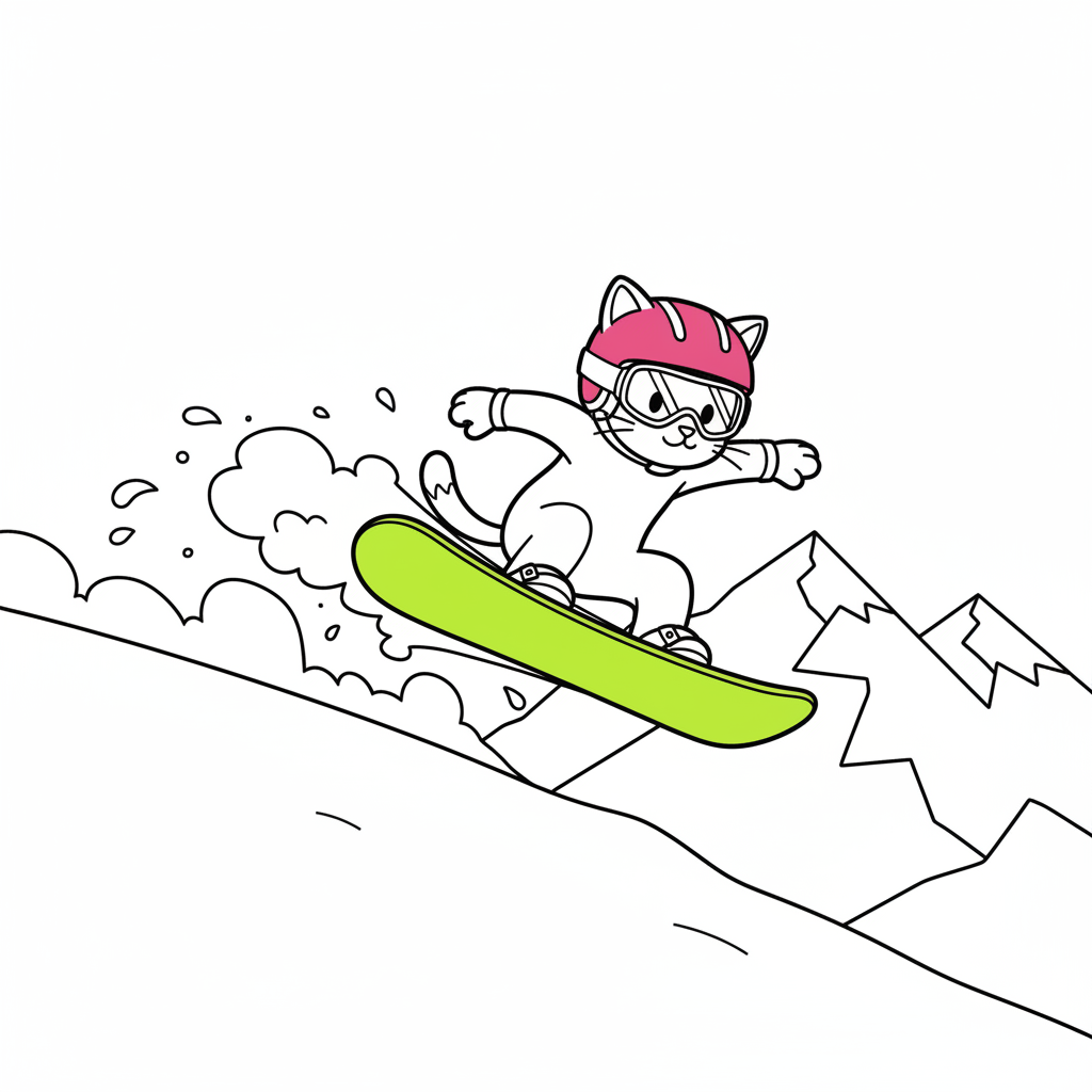 Cat Snowboard Trick — Free Coloring Page for Kids coloring page