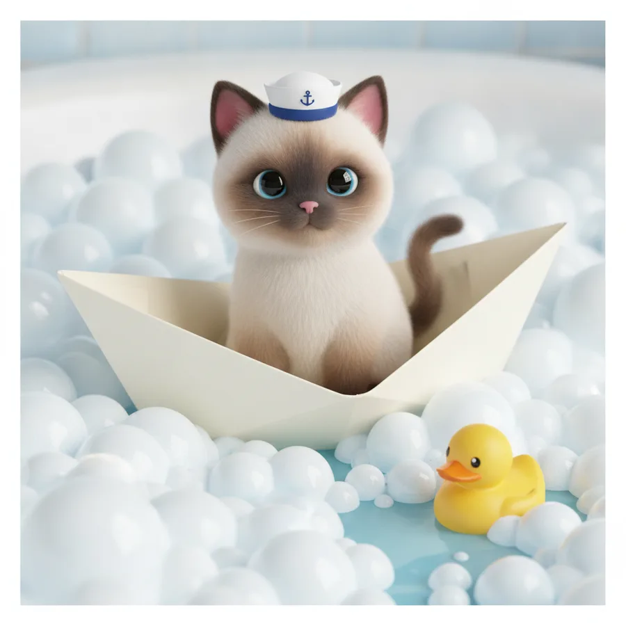 This coloring page features an adorable kitten in a paper boat amidst bubbly bath fun. The large bubbles and cheerful duck are easy to color, while the kitten's expressive eyes add a delightful challenge.