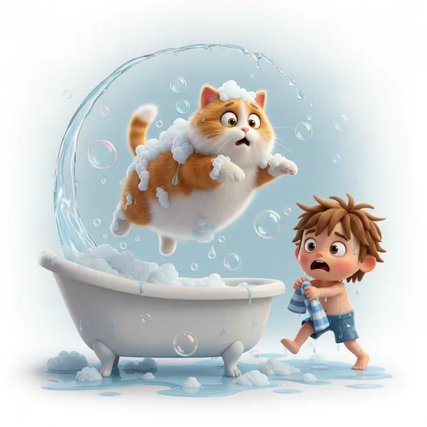Niño Sorprendido y Gato en la Bañera — Dibujos de Gatos para Colorear — Gratis para Imprimir