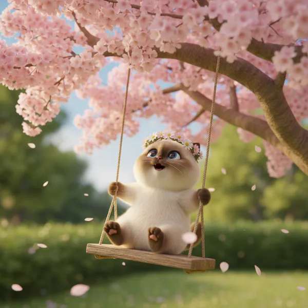 Kitten Swinging Under Cherry Blossoms — Free Coloring Page for Kids