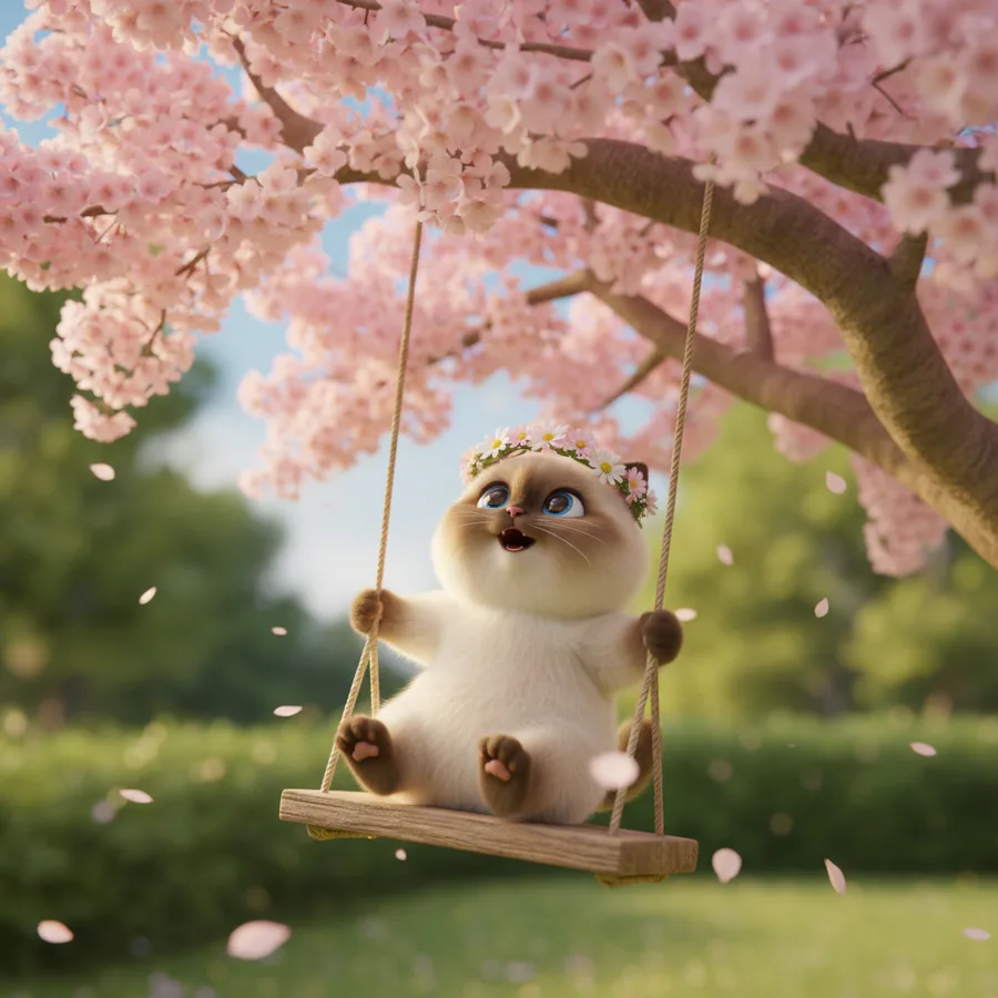 This coloring page features a cute kitten joyfully swinging on a wooden swing with a flower crown. Kids will find the swing and blossoms easy to color, while the kitten's details provide a bit of a challenge.