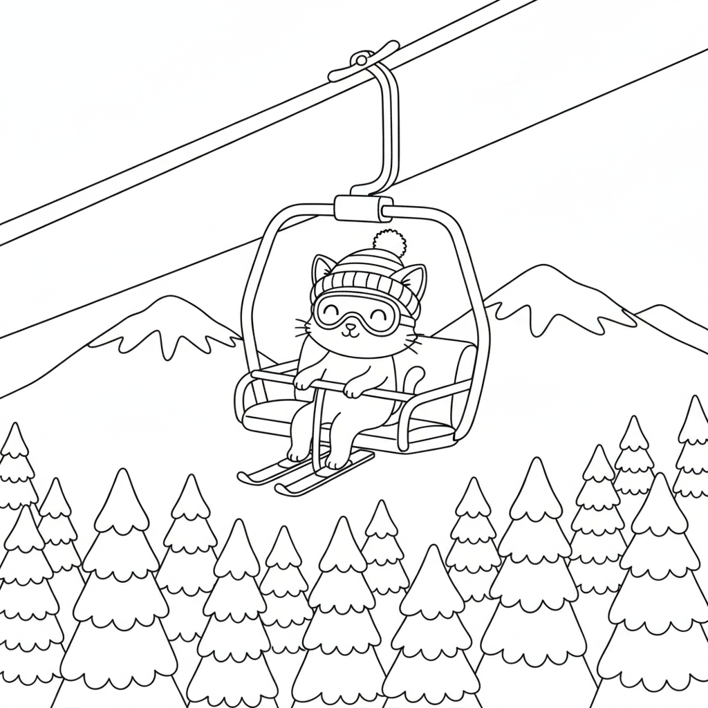 Chat Dessin sur un Télésiège — Gratuit à Imprimer