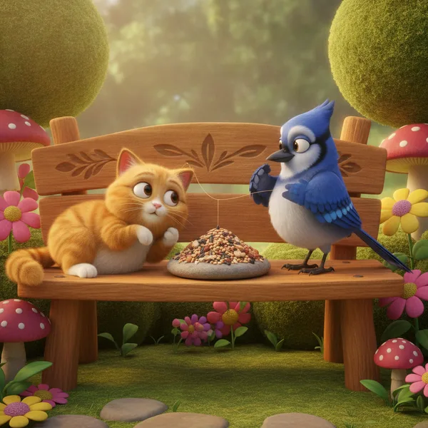 Neugierige Katze und Blauhäher im Märchengarten — Katzen Ausmalbild — Kostenlos Ausdrucken