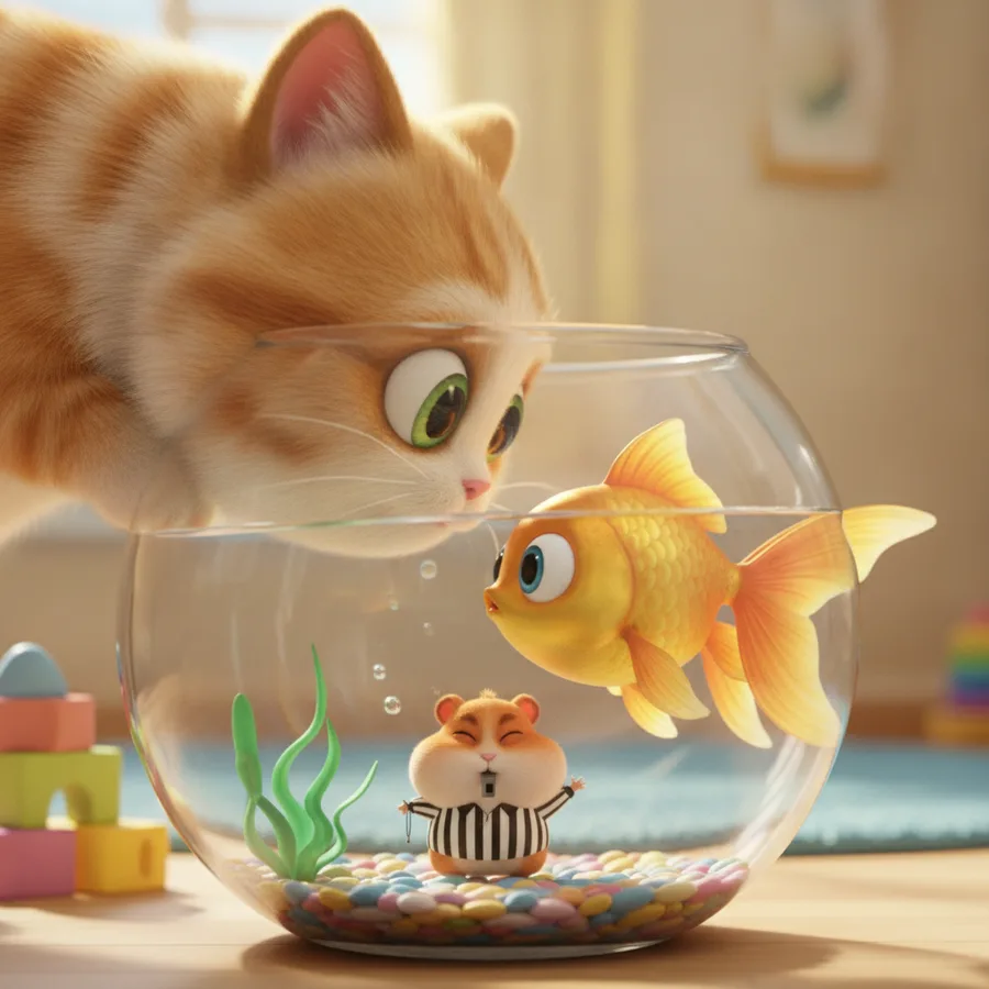 Esta página para colorear presenta un gato curioso, un pez dorado y un hámster en un disfraz de árbitro. Las grandes áreas del acuario y los juguetes son fáciles de colorear, mientras que las rayas del gato ofrecen un divertido desafío.