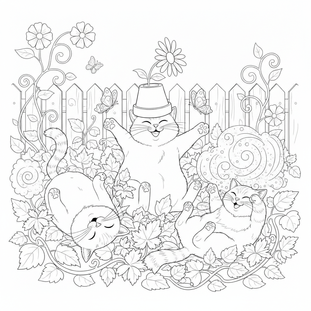 Gatinhos Relaxando na Grama — Desenho de Gatos para Colorir — Grátis