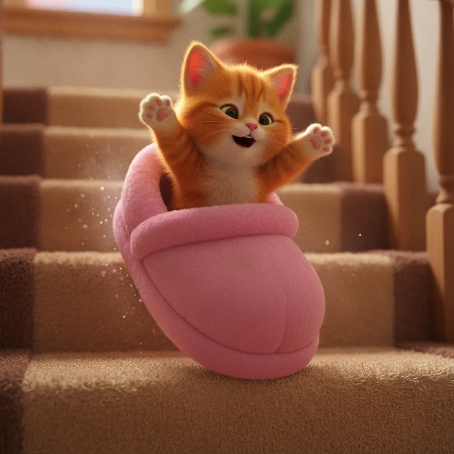 This delightful coloring page features a playful orange kitten peeking out of a pink slipper. The easy-to-color slipper makes it perfect for little hands, while the kitten's fur provides a fun challenge.