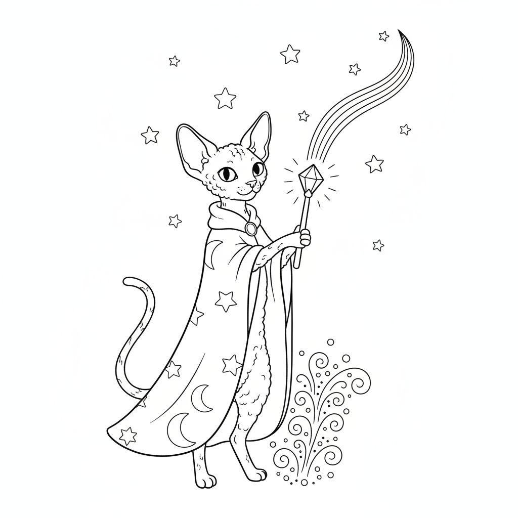Devon Rex Wizard Adventure — Free Printable Coloring Page for Kids coloring page