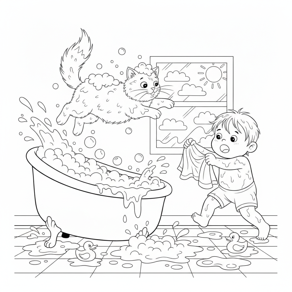 Menino Surpreso e Gato na Banheira — Desenho de Gatos para Colorir — Grátis