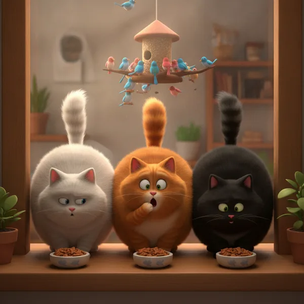 Tres Gatos de Caricatura Observando Aves — Dibujos de Gatos para Colorear — Gratis para Imprimir