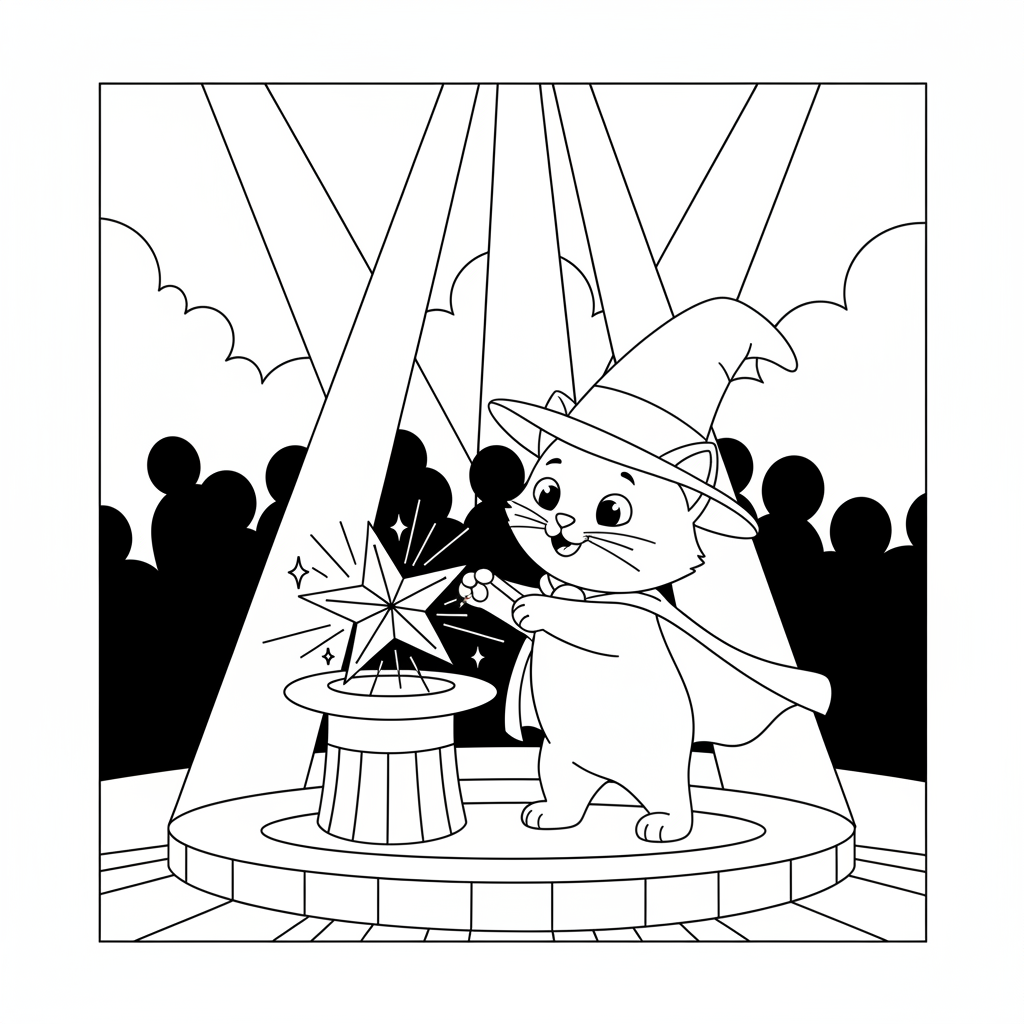 Magical Cat on Stage — Free Printable Coloring Page for Kids coloring page