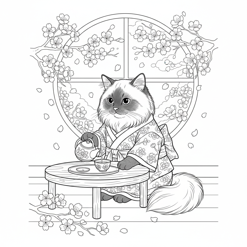 Himalayan Cat Tea Time — Free Coloring Page for Kids coloring page