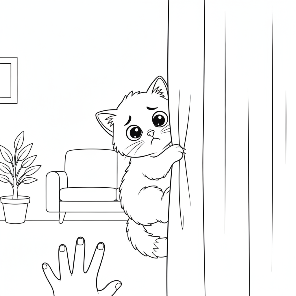 Surprised Kitten Peeking from Curtain — Free Coloring Page for Kids