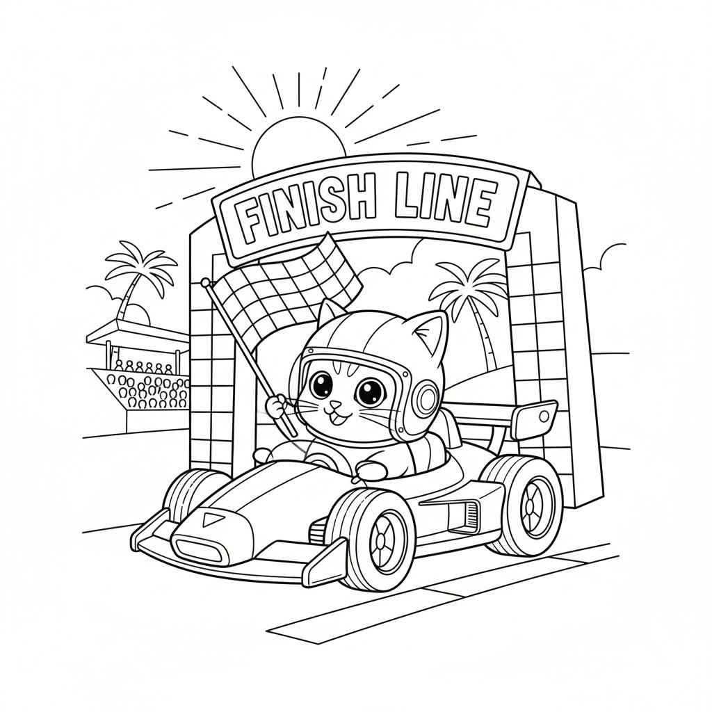 Munchkin Cat in Go-Kart — Free Coloring Page for Kids coloring page