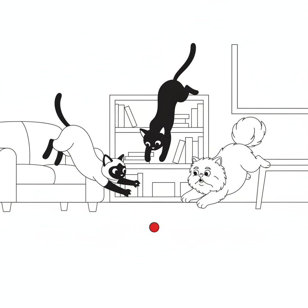 Três Gatos Brincalhões Pulando para um Ponto Vermelho — Desenho de Gatos para Colorir — Grátis