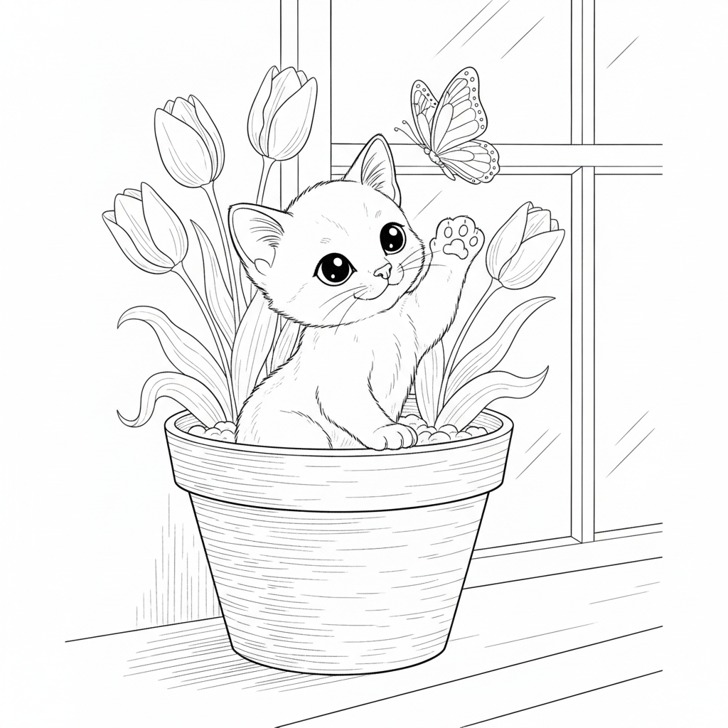 Fluffy Kitten Peeking from Flower Pot — Free Coloring Page for Kids
