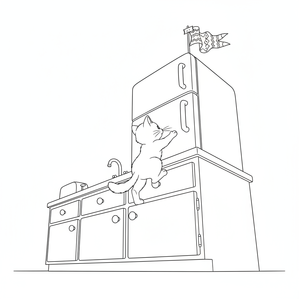 Chaton Grimpant sur un Meuble — Coloriage Chats — Gratuit à Imprimer
