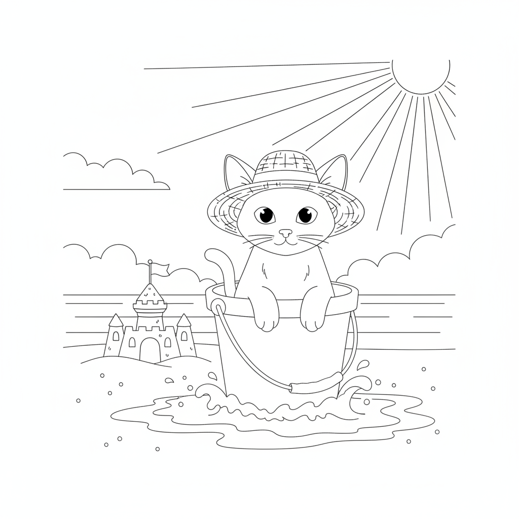 Adorable Kitten in a Bucket at the Beach — Free Coloring Page for Kids