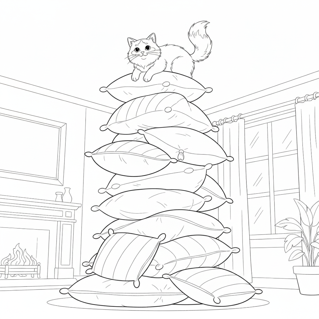 Playful Cat on Colorful Pillows — Free Coloring Page for Kids